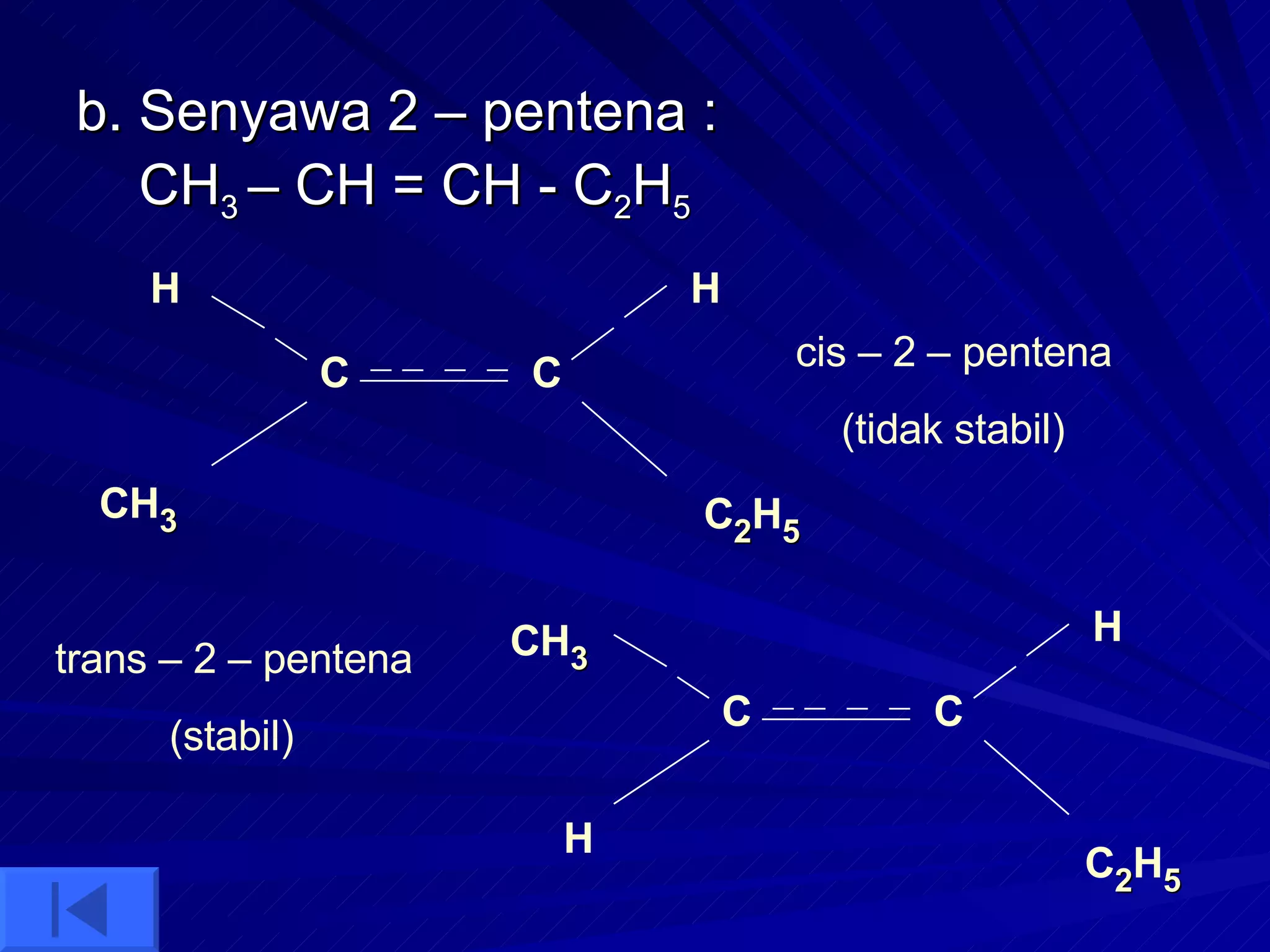b. Senyawa 2 – pentena :  CH 3  – CH = CH - C 2 H 5 CH 3 C H H C 2 H 5 C H C H CH 3 C 2 H 5 C cis – 2 – pentena (tidak stabil) trans – 2 – pentena (stabil) 