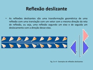 Reflexão deslizante
• As reflexões deslizantes são uma transformação geométrica de uma
  reflexão com uma translação com um vetor com a mesma direção da reta
  de reflexão, ou seja, uma reflexão segundo um eixo e de seguida um
  deslocamento com a direção desse eixo.




                                      Fig. 3 e 4 - Exemplos de reflexões deslizantes
 