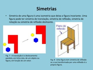 Simetrias
• Simetria de uma figura é uma isometria que deixa a figura invariante. Uma
  figura pode ter simetria de translação, simetria de reflexão, simetria de
  rotação ou simetria de reflexão deslizante.




Fig. 7 - A translação é o deslocamento
paralelo, em linha reta, de um objeto ou
figura, em função de um vetor.             Fig. 8 - Uma figura tem simetria de reflexão
                                           se a sua transformada por uma reflexão é a
                                           própria figura.
 