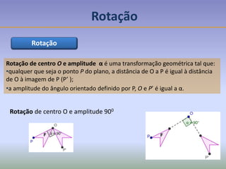 Rotação de centro O e amplitude α é uma transformação geométrica tal que:
•qualquer que seja o ponto P do plano, a distância de O a P é igual à distância
de O à imagem de P (P’ );
•a amplitude do ângulo orientado definido por P, O e P’ é igual a α.
Rotação de centro O e amplitude 900
FF
Rotação
Rotação
 