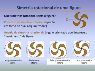 Simetria rotacional de uma figura
Que simetrias rotacionais tem a figura?
C: Centro da simetria rotacional (ponto
em torno do qual a figura “roda”)
C
Ângulo da simetria rotacional: ângulo orientado que descreve o
“movimento” da figura.
Três quartos de volta
(270º)
Uma volta inteira
(360º)
Um quarto de volta
(90º)
Meia volta
(180º)
 