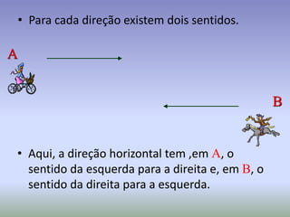 • Aqui, a direção horizontal tem ,em A, o
sentido da esquerda para a direita e, em B, o
sentido da direita para a esquerda.
• Para cada direção existem dois sentidos.
A
B
 