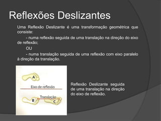 Reflexões Deslizantes
 Uma Reflexão Deslizante é uma transformação geométrica que
 consiste:
      - numa reflexão seguida de uma translação na direção do eixo
 de reflexão;
      OU
      - numa translação seguida de uma reflexão com eixo paralelo
 à direção da translação.




                             Reflexão Deslizante seguida
                             de uma translação na direção
                             do eixo de reflexão.
 