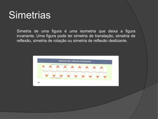 Simetrias
 Simetria de uma figura é uma isometria que deixa a figura
 invariante. Uma figura pode ter simetria de translação, simetria de
 reflexão, simetria de rotação ou simetria de reflexão deslizante.
 