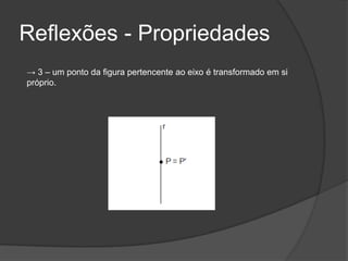 Reflexões - Propriedades
→ 3 – um ponto da figura pertencente ao eixo é transformado em si
próprio.
 