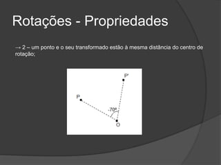 Rotações - Propriedades
→ 2 – um ponto e o seu transformado estão à mesma distância do centro de
rotação;
 