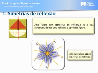 Maria Augusta Ferreira Neves
 augustaneves@portoeditora.pt


1. Simetrias de reflexão
                                Uma figura tem simetria de reflexão se a sua
                                transfromada por uma reflexão é a própria figura.




                                                e1
                                 e5



                                                            Esta figura tem cinco
                                                      e2    simetrias de reflexão.
                                e4

                                         e3
 
