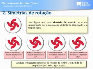 Maria Augusta Ferreira Neves
 augustaneves@portoeditora.pt


2. Simetrias de rotação
                          Uma figura tem uma simetria de rotação se a sua
        Ox
                          transformada por uma rotação, distinta da identidade, é a
                          própria figura




         Ox                      Ox                      Ox                      Ox



  Rotação de centro O e   Rotação de centro O e   Rotação de centro O e   Rotação de centro O e
  medida de amplitude     medida de amplitude     medida de amplitude     medida de amplitude
           900.                   1800 .                  2700 .                  3600 .


               A figura tem quatro simetrias de rotação de centro O e medida de
                              amplitude 900 , 1800 , 2700 e 3600 .
 