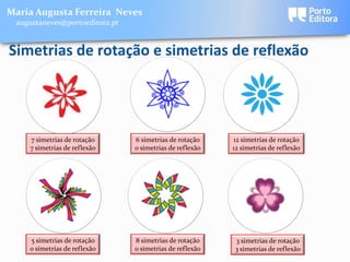 Maria Augusta Ferreira Neves
 augustaneves@portoeditora.pt


Simetrias de rotação e simetrias de reflexão




    7 simetrias de rotação      6 simetrias de rotação    12 simetrias de rotação
    7 simetrias de reflexão     0 simetrias de reflexão   12 simetrias de reflexão




    5 simetrias de rotação      8 simetrias de rotação    3 simetrias de rotação
    0 simetrias de reflexão     0 simetrias de reflexão   3 simetrias de reflexão
 