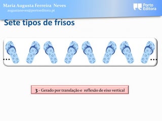 Maria Augusta Ferreira Neves
 augustaneves@portoeditora.pt


Sete tipos de frisos


…                                                                          …

                 3 - Gerado por translação e   reflexão de eixo vertical
 