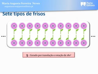 Maria Augusta Ferreira Neves
 augustaneves@portoeditora.pt


Sete tipos de frisos


…                                                                   …

                      5 - Gerado por translação e rotação de 1800
 