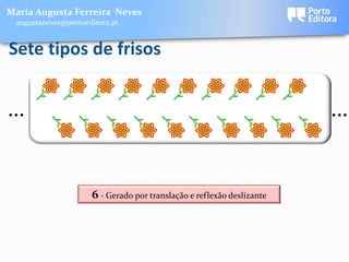 Maria Augusta Ferreira Neves
 augustaneves@portoeditora.pt


Sete tipos de frisos


…                                                                      …


                     6 - Gerado por translação e reflexão deslizante
 
