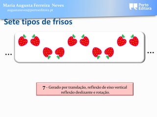 Maria Augusta Ferreira Neves
 augustaneves@portoeditora.pt


Sete tipos de frisos


…                                                                            …


                      7 - Gerado por translação, reflexão de eixo vertical
                                 reflexão deslizante e rotação.
 