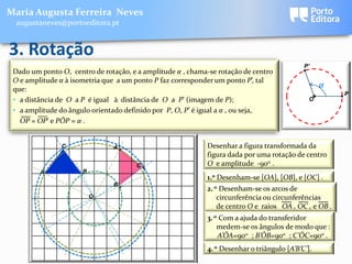 Maria Augusta Ferreira Neves
  augustaneves@portoeditora.pt


3. Rotação
                                                                                            P’
 Dado um ponto O, centro de rotação, e a amplitude α , chama-se rotação de centro
 O e amplitude α à isometria que a um ponto P faz corresponder um ponto P’, tal
 que:
                                                                                                  α
                                                                                                       P
 • a distância de O a P é igual à distância de O a P’ (imagem de P);                          O
 • a amplitude do ângulo orientado definido por P, O, P’ é igual a α , ou seja,
   OP = OP’ e PÔP = α .


               C               A’x                          Desenhar a figura transformada da
                                                            figura dada por uma rotação de centro
                                       C’x                  O e amplitude -900 .
         A            B
                                                            1.o Desenham-se [OA], [OB], e [OC] .
                               B’x
                                                            2. o Desenham-se os arcos de
                          Ox                                    circunferência ou circunferências
                                                                de centro O e raios OA , OC , e OB .
                                                            3. o Com a ajuda do transferidor
                                                                medem-se os ângulos de modo que :
                                                                A’ÔA=900 ; B’ÔB=900 ; C’ÔC=900 .
                                                            4. o Desenhar o triângulo [A’B’C’].
 