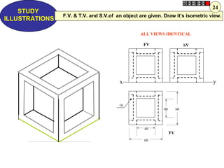 24
    STUDY
      Z
ILLUSTRATIONS
                F.V. & T.V. and S.V.of an object are given. Draw it’s isometric view.


                                                 ALL VIEWS IDENTICAL

                                                   FV                     SV




                                        x                                        y



                                        10
                                                           40        60




                                                   40
                                                                TV
                                                   60
 