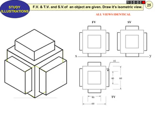F.V. & T.V. and S.V.of an object are given. Draw it’s isometric view.   25
    STUDY
      Z
ILLUSTRATIONS
                                                          ALL VIEWS IDENTICAL

                                                     FV                      SV




                                          x                                              y
                                                                   10




                                                                  40    60




                                                     40           TV

                                                     60
 