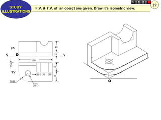 29
    STUDY         F.V. & T.V. of an object are given. Draw it’s isometric view.
      Z
ILLUSTRATIONS




      FV                             40

 X          O                        10   Y
                100
     10
                                     25
      TV
                      10   30   10
                                     25
     30 R                                                     O
                 20 D
 