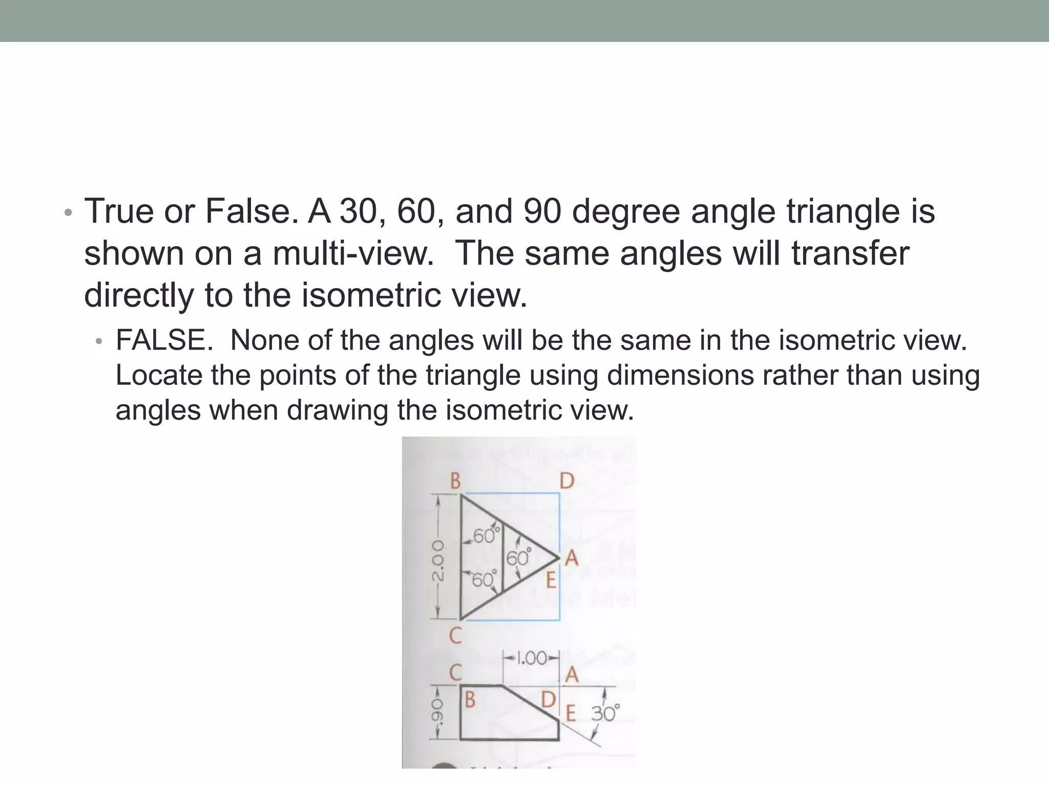 • True or False. A 30, 60, and 90 degree angle triangle is
shown on a multi-view. The same angles will transfer
directly to the isometric view.
• FALSE. None of the angles will be the same in the isometric view.
Locate the points of the triangle using dimensions rather than using
angles when drawing the isometric view.