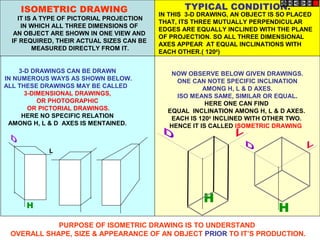 ISOMETRIC DRAWING                             TYPICAL CONDITION.
                                           IN THIS 3-D DRAWING, AN OBJECT IS SO PLACED
    IT IS A TYPE OF PICTORIAL PROJECTION
                                           THAT, ITS THREE MUTUALLY PERPENDICULAR
     IN WHICH ALL THREE DIMENSIONS OF
                                           EDGES ARE EQUALLY INCLINED WITH THE PLANE
   AN OBJECT ARE SHOWN IN ONE VIEW AND
                                           OF PROJECTION. SO ALL THREE DIMENSIONAL
  IF REQUIRED, THEIR ACTUAL SIZES CAN BE
                                           AXES APPEAR AT EQUAL INCLINATIONS WITH
         MEASURED DIRECTLY FROM IT.
                                           EACH OTHER.( 1200)


    3-D DRAWINGS CAN BE DRAWN                 NOW OBSERVE BELOW GIVEN DRAWINGS.
IN NUMEROUS WAYS AS SHOWN BELOW.               ONE CAN NOTE SPECIFIC INCLINATION
ALL THESE DRAWINGS MAY BE CALLED                       AMONG H, L & D AXES.
      3-DIMENSIONAL DRAWINGS,                  ISO MEANS SAME, SIMILAR OR EQUAL.
          OR PHOTOGRAPHIC                               HERE ONE CAN FIND
       OR PICTORIAL DRAWINGS.                EQUAL INCLINATION AMONG H, L & D AXES.
     HERE NO SPECIFIC RELATION                EACH IS 1200 INCLINED WITH OTHER TWO.
 AMONG H, L & D AXES IS MENTAINED.           HENCE IT IS CALLED ISOMETRIC DRAWING



            L




                                                       H
      H                                                                     H
            PURPOSE OF ISOMETRIC DRAWING IS TO UNDERSTAND
 OVERALL SHAPE, SIZE & APPEARANCE OF AN OBJECT PRIOR TO IT’S PRODUCTION.
 