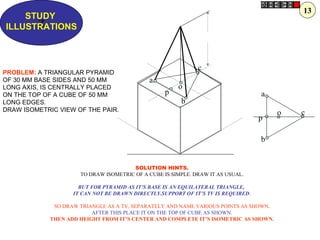 a
b
co
p
p
a
b
c
o
Z
STUDY
ILLUSTRATIONS
PROBLEM: A TRIANGULAR PYRAMID
OF 30 MM BASE SIDES AND 50 MM
LONG AXIS, IS CENTRALLY PLACED
ON THE TOP OF A CUBE OF 50 MM
LONG EDGES.
DRAW ISOMETRIC VIEW OF THE PAIR.
SOLUTION HINTS.
TO DRAW ISOMETRIC OF A CUBE IS SIMPLE. DRAW IT AS USUAL.
BUT FOR PYRAMID AS IT’S BASE IS AN EQUILATERAL TRIANGLE,
IT CAN NOT BE DRAWN DIRECTLY.SUPPORT OF IT’S TV IS REQUIRED.
SO DRAW TRIANGLE AS A TV, SEPARATELY AND NAME VARIOUS POINTS AS SHOWN.
AFTER THIS PLACE IT ON THE TOP OF CUBE AS SHOWN.
THEN ADD HEIGHT FROM IT’S CENTER AND COMPLETE IT’S ISOMETRIC AS SHOWN.
13
 