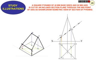 a
b c
d
1
2
3
4
o
1’
4’3’
2’
1
2
4
3
X Y
Z
STUDY
ILLUSTRATIONS
A SQUARE PYRAMID OF 40 MM BASE SIDES AND 60 MM AXIS
IS CUT BY AN INCLINED SECTION PLANE THROUGH THE MID POINT
OF AXIS AS SHOWN.DRAW ISOMETRIC VIEW OF SECTION OF PYRAMID.
19
 