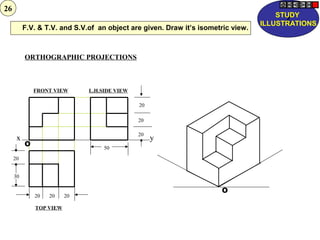 ORTHOGRAPHIC PROJECTIONS
FRONT VIEW
TOP VIEW
L.H.SIDE VIEW
x y
20
20
20
50
20 20 20
20
30
O
O
F.V. & T.V. and S.V.of an object are given. Draw it’s isometric view.
Z
STUDY
ILLUSTRATIONS
26
 