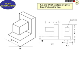 40 20
30 SQUARE
20
50
60
30
10
F.V.
S.V.
O
O
F.V. and S.V.of an object are given.
Draw it’s isometric view.
Z
STUDY
ILLUSTRATIONS
27
 