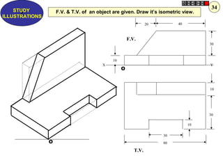 O
O
10
10
30
10
30
4020
80
30
F.V.
T.V.
X Y
F.V. & T.V. of an object are given. Draw it’s isometric view.Z
STUDY
ILLUSTRATIONS
34
 