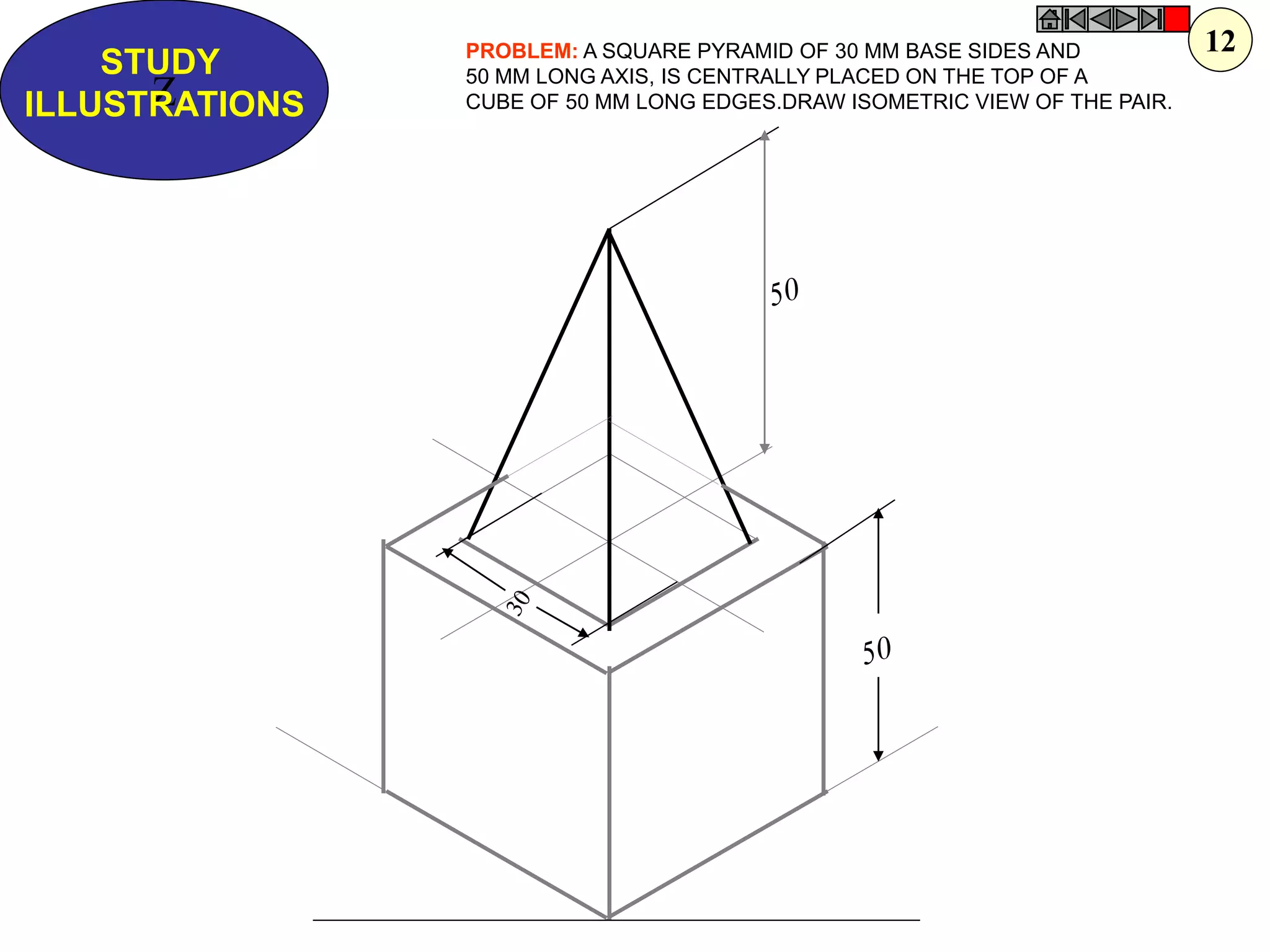 Z 
STUDY 
ILLUSTRATIONS 
PROBLEM: A SQUARE PYRAMID OF 30 MM BASE SIDES AND 
50 MM LONG AXIS, IS CENTRALLY PLACED ON THE TOP OF A 
CUBE OF 50 MM LONG EDGES.DRAW ISOMETRIC VIEW OF THE PAIR. 
12  