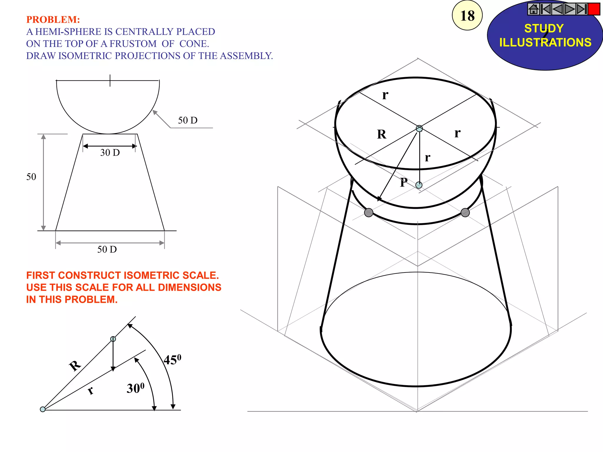 P 
r 
R 
r 
r 
50 D 
30 D 
50 D 
50 
450 
300 
PROBLEM: 
A HEMI-SPHERE IS CENTRALLY PLACED 
ON THE TOP OF A FRUSTOM OF CONE. 
DRAW ISOMETRIC PROJECTIONS OF THE ASSEMBLY. 
FIRST CONSTRUCT ISOMETRIC SCALE. 
USE THIS SCALE FOR ALL DIMENSIONS 
IN THIS PROBLEM. 
Z 
STUDY 
ILLUSTRATIONS 
18  