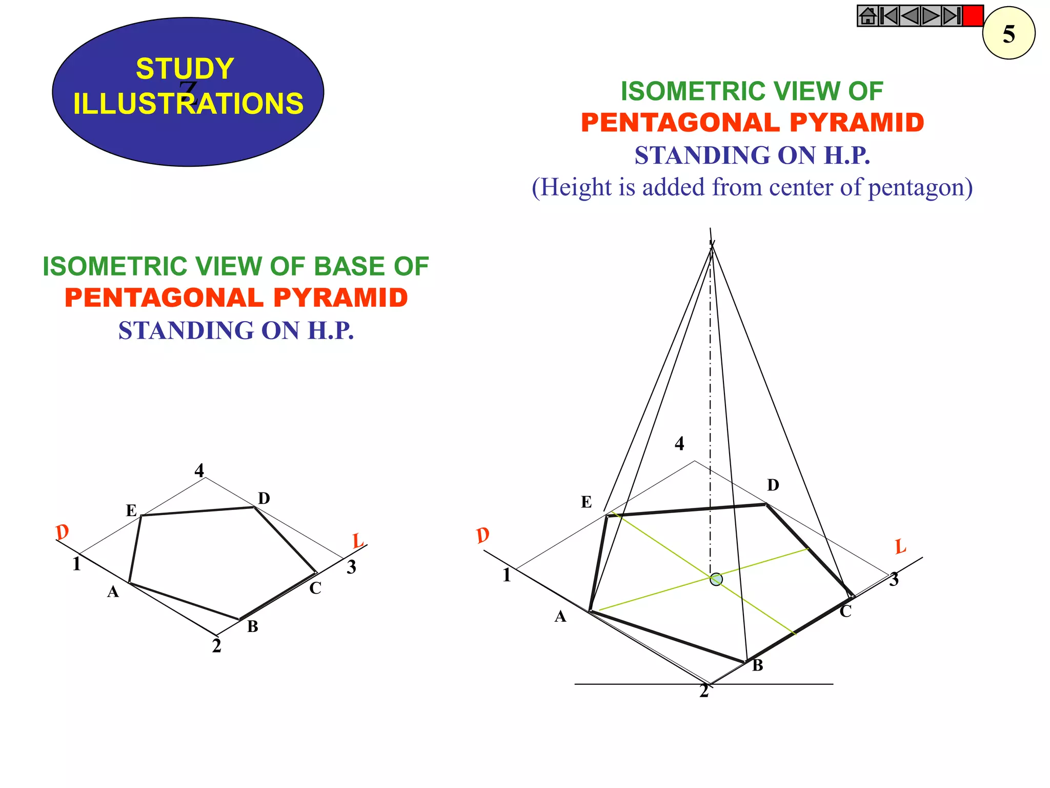 1 
2 
3 
4 
A 
B 
C 
D 
E 
1 
2 
3 
4 
A 
B 
C 
D 
E 
ISOMETRIC VIEW OF PENTAGONAL PYRAMID STANDING ON H.P. (Height is added from center of pentagon) 
ISOMETRIC VIEW OF BASE OF PENTAGONAL PYRAMID STANDING ON H.P. 
Z 
STUDY 
ILLUSTRATIONS 
5  