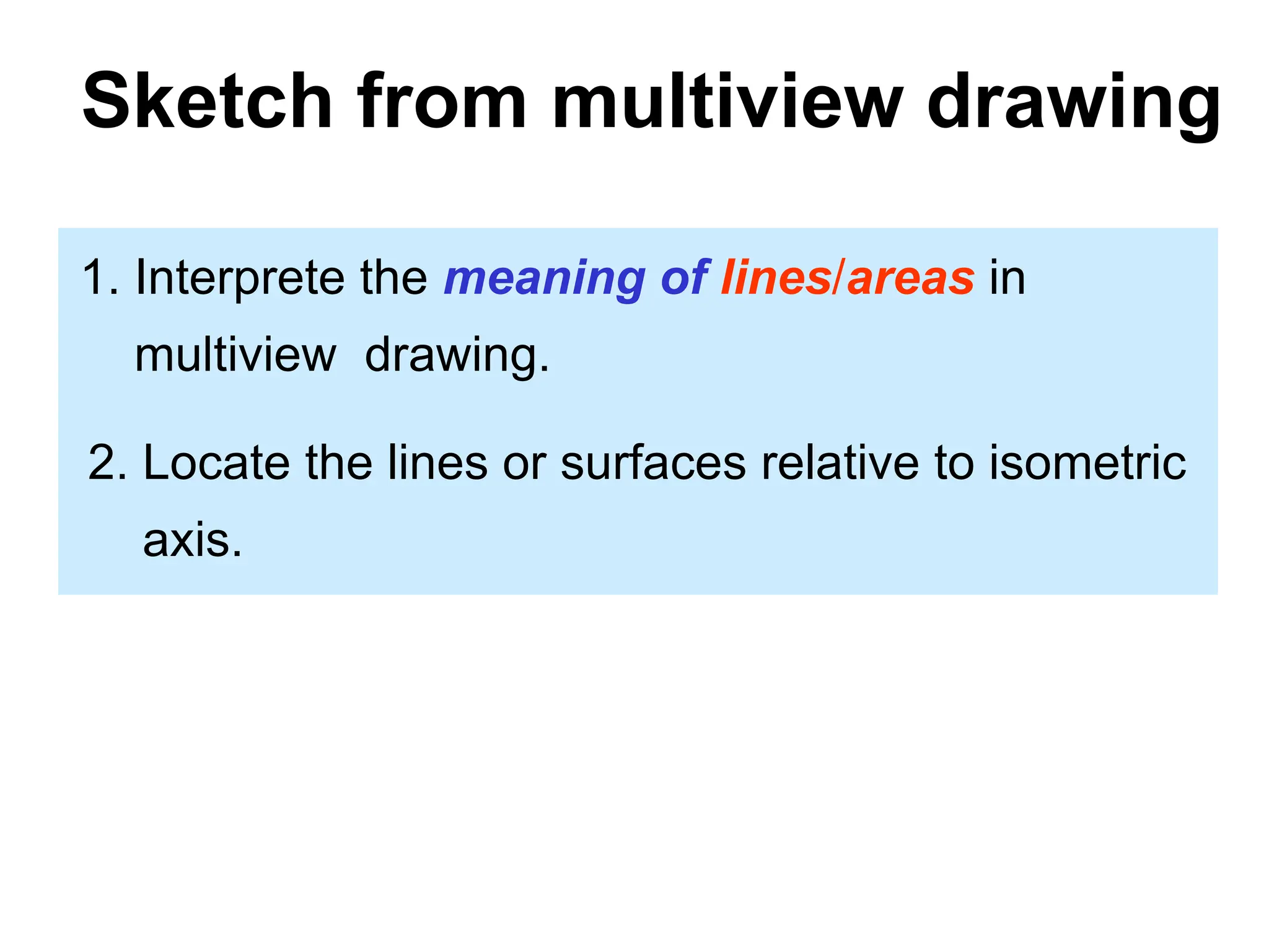 1. Interprete the meaning of lines/areas in
multiview drawing.
2. Locate the lines or surfaces relative to isometric
axis.
Sketch from multiview drawing
 
