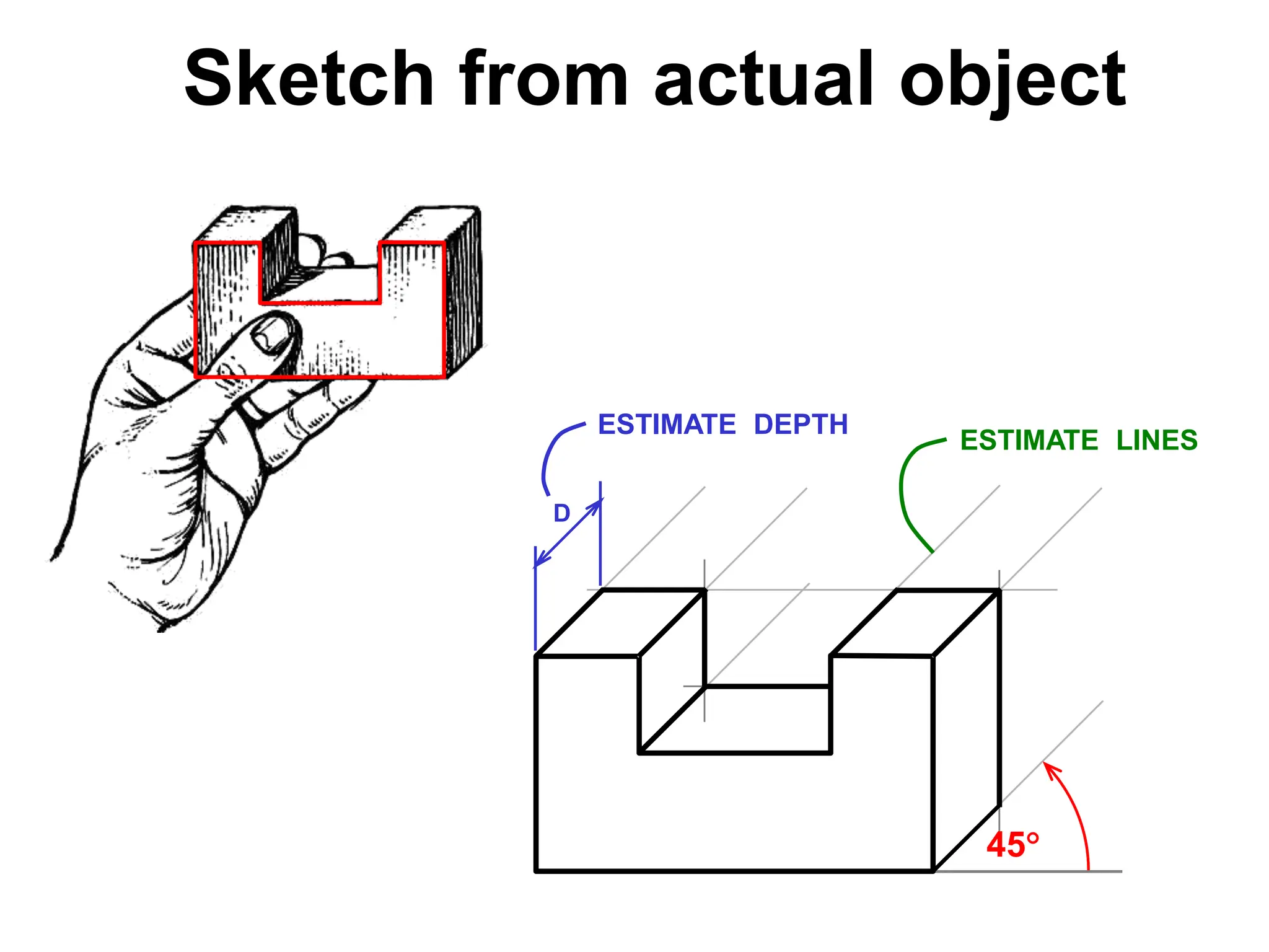 D
45
ESTIMATE DEPTH
ESTIMATE LINES
Sketch from actual object
 