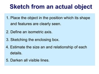 2. Define an isometric axis.
3. Sketching the enclosing box.
4. Estimate the size an and relationship of each
details.
5. Darken all visible lines.
1. Place the object in the position which its shape
and features are clearly seen.
Sketch from an actual object
 