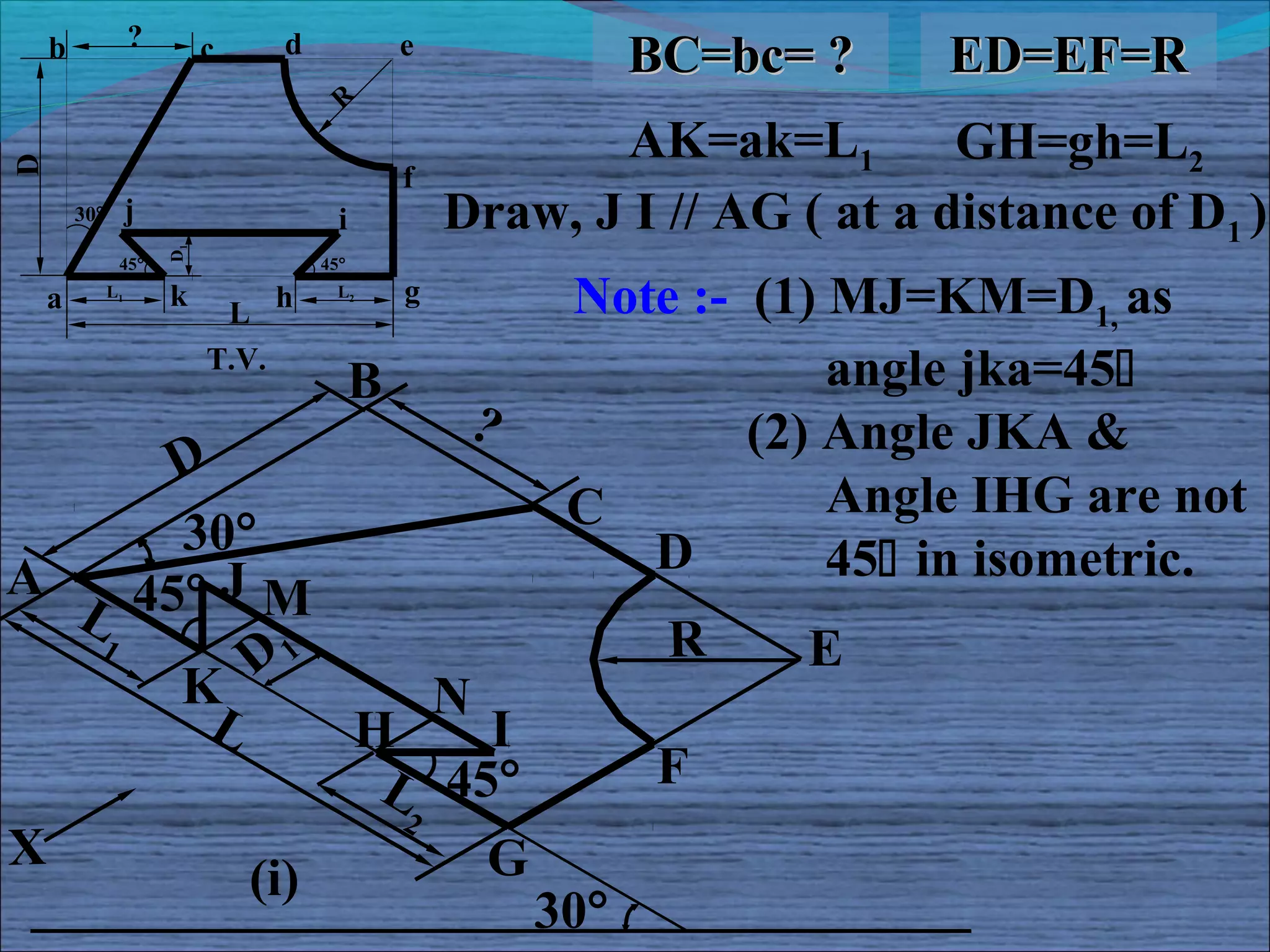 ?
    b                       c      d             e
                                                                BC=bc= ?    ED=EF=R
                                         R
                                                            AK=ak=L1         GH=gh=L2
D



                                                 f
        30°        j                     i           Draw, J I // AG ( at a distance of D1 )
                       D1



               45°                     45°

    a         L1       k
                             L
                                   h     L2      g         Note :- (1) MJ=KM=D1, as
                            T.V.
                                             B                         angle jka=45
                                                      ?            (2) Angle JKA &
       D
                                                           C           Angle IHG are not
       30°                                                    D        45 in isometric.
A    45° J M
  L
   1
          D1                                                     R    E
       K          N
        L     H     I
               L 45°                                             F
                2
X                   G
          (i)
                                                          30°
 
