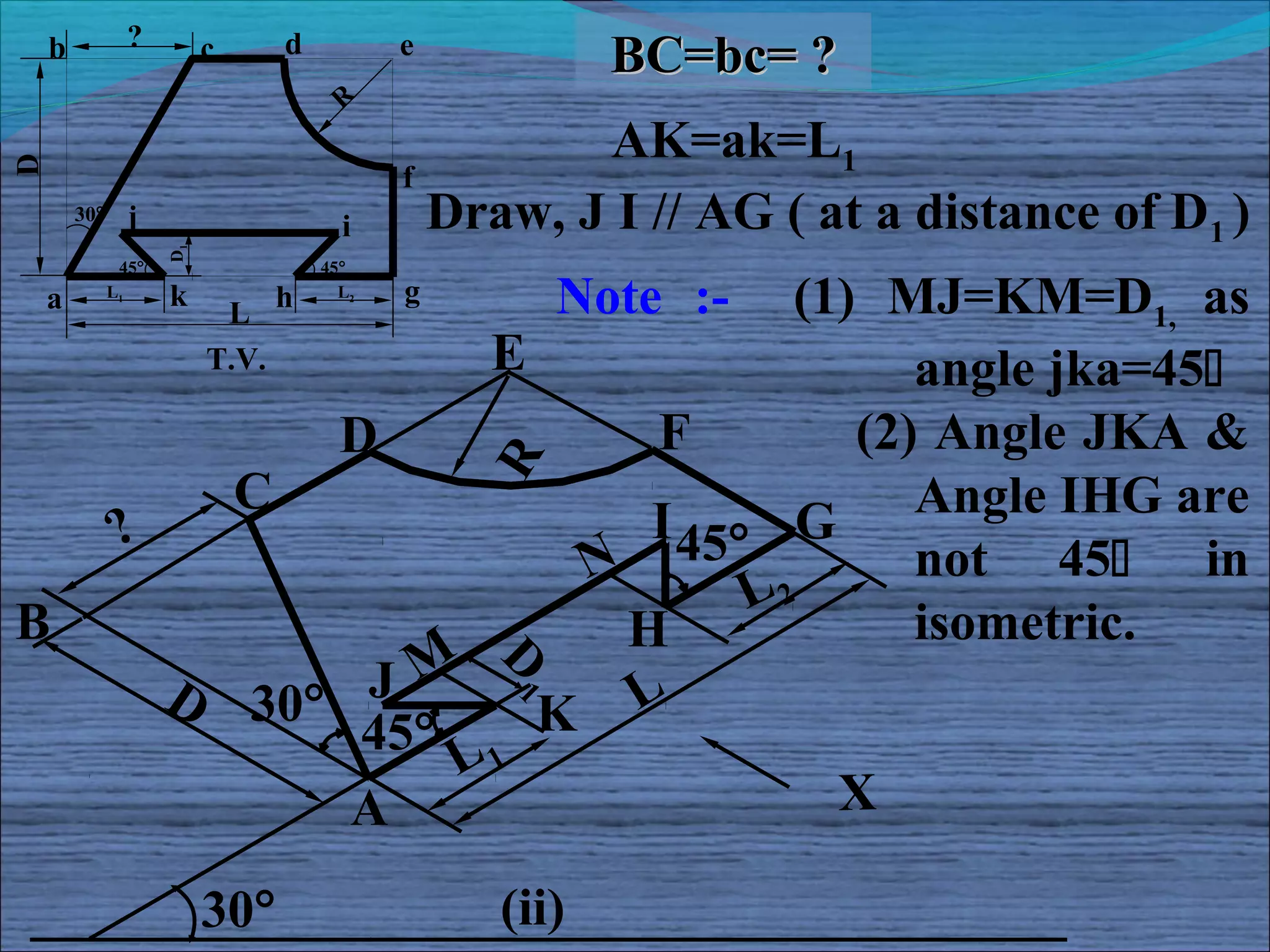 ?
    b                       c      d          e
                                                         BC=bc= ?
                                         R
                                                       AK=ak=L1
D



                                              f
        30°        j                     i      Draw, J I // AG ( at a distance of D1 )
                       D1




               45°                     45°

    a         L1       k
                             L
                                   h     L2   g        Note :-
                                          (1) MJ=KM=D1, as
                             E
                            T.V.
                                                angle jka=45
                       D           F         (2) Angle JKA &
               ?
                   C
                                   I 45° G        R
                                                Angle IHG are
                                N               not 45 in
                                        L2
B                                 H             isometric.
                        J M
                                                  D1


                 D 30°         K L
                        45° 1
                           L
                       A                    X

                            30°                   (ii)
 