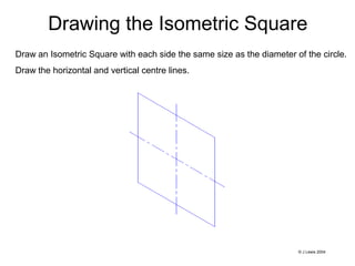 Drawing the Isometric Square
Draw an Isometric Square with each side the same size as the diameter of the circle.
Draw the horizontal and vertical centre lines.
© J Lewis 2004
 