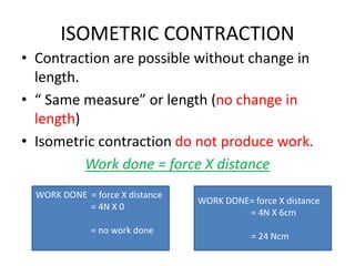 ISOMETRIC CONTRACTION
• Contraction are possible without change in
length.
• “ Same measure” or length (no change in
length)
• Isometric contraction do not produce work.
Work done = force X distance
WORK DONE = force X distance
= 4N X 0
= no work done
WORK DONE= force X distance
= 4N X 6cm
= 24 Ncm
 