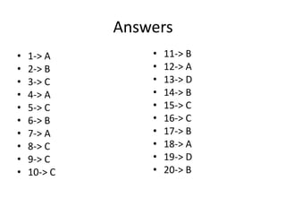 Answers
• 1-> A
• 2-> B
• 3-> C
• 4-> A
• 5-> C
• 6-> B
• 7-> A
• 8-> C
• 9-> C
• 10-> C
• 11-> B
• 12-> A
• 13-> D
• 14-> B
• 15-> C
• 16-> C
• 17-> B
• 18-> A
• 19-> D
• 20-> B
 