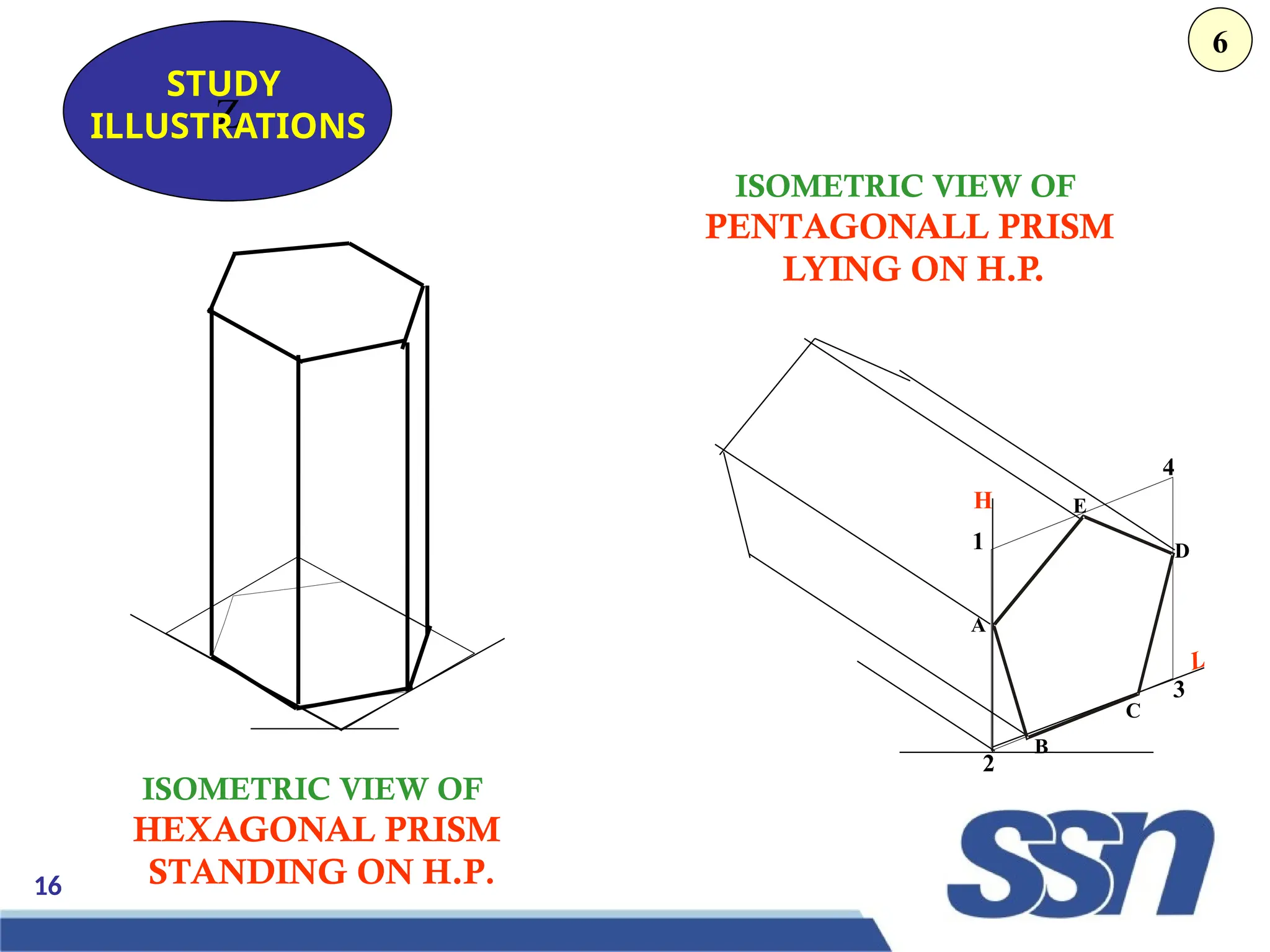 16
H
L
1
2
3
4
A
B
C
D
E
Z
STUDY
ILLUSTRATIONS
ISOMETRIC VIEW OF
PENTAGONALL PRISM
LYING ON H.P.
ISOMETRIC VIEW OF
HEXAGONAL PRISM
STANDING ON H.P.
6
 