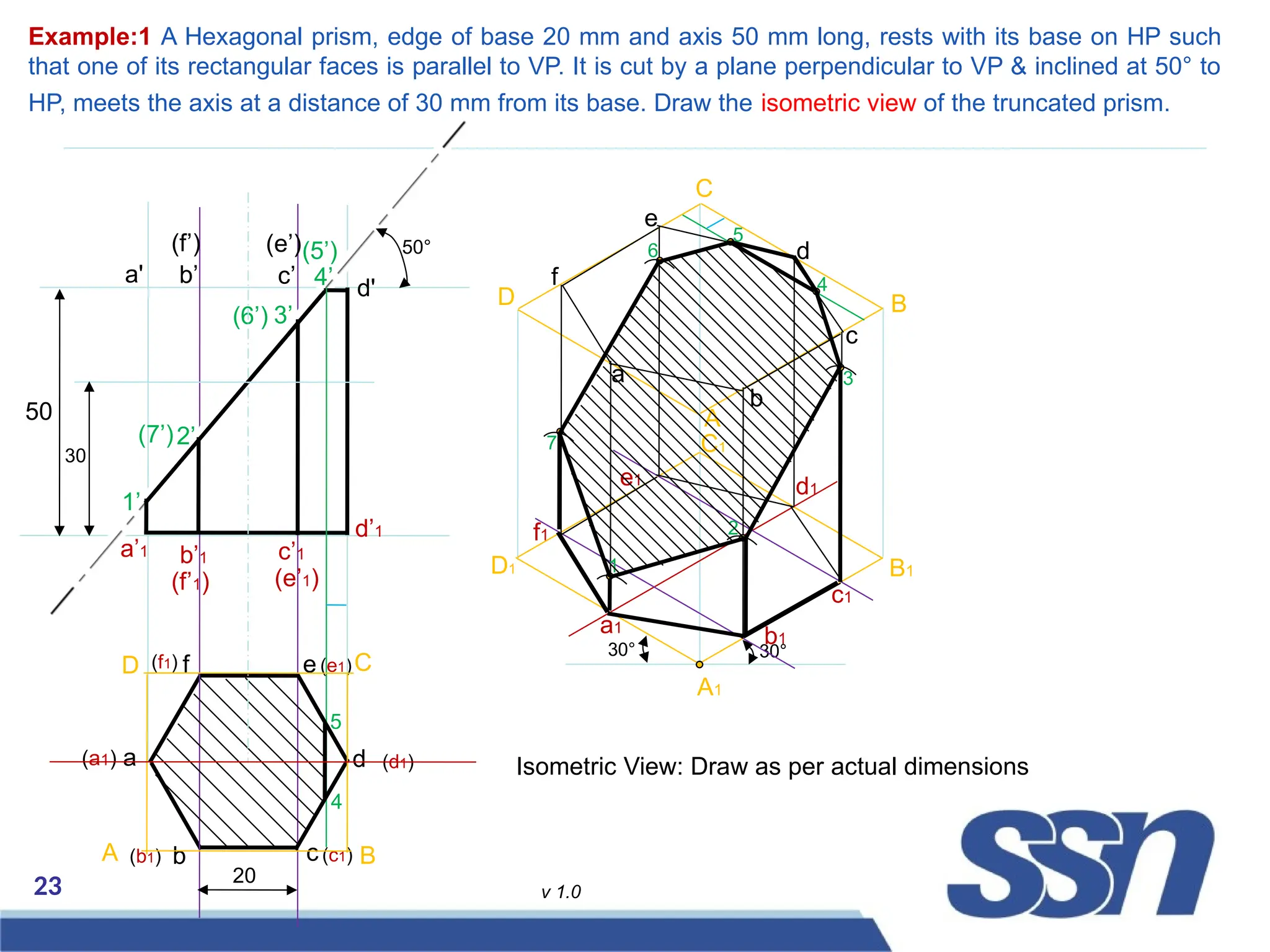 23 v 1.0
Example:1 A Hexagonal prism, edge of base 20 mm and axis 50 mm long, rests with its base on HP such
that one of its rectangular faces is parallel to VP. It is cut by a plane perpendicular to VP & inclined at 50° to
HP, meets the axis at a distance of 30 mm from its base. Draw the isometric view of the truncated prism.
a
(f1)
(a1)
(b1) (c1)
(d1)
(e1)
b c
d
e
f
20
a'
a’1
d'
d’1
c’1
b’1
(e’1)
(f’1)
(e’)
(f’)
c’
b’
50
50°
a1
(6’)
1’
3’
2’
4’
(5’)
(7’)
30
4
5
A B
C
D
A1
30°
30°
B1
C1
D1
A
B
C
D
b1
c1
d1
e1
f1
a
b
c
d
e
f
1
2
3
4
5
6
7
Isometric View: Draw as per actual dimensions
 
