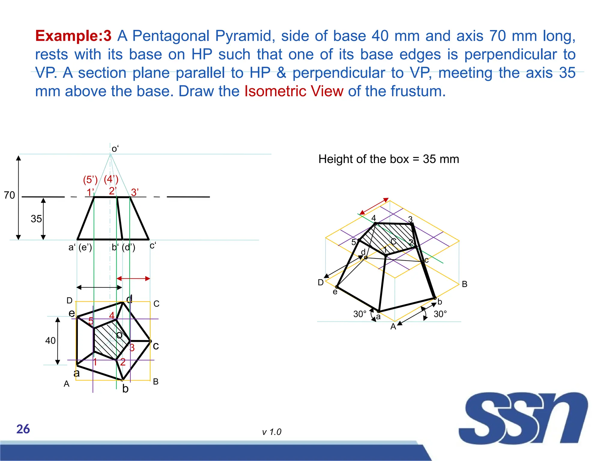 26 v 1.0
Example:3 A Pentagonal Pyramid, side of base 40 mm and axis 70 mm long,
rests with its base on HP such that one of its base edges is perpendicular to
VP. A section plane parallel to HP & perpendicular to VP, meeting the axis 35
mm above the base. Draw the Isometric View of the frustum.
a
b
c
d
e
70
a‘ (e’)
40
o
b‘ (d’) c‘
o‘
1 2
3
4
1’ 2’ 3’
(4’)
35
(5’)
5 A
B
C
D
30°
30°
A B
C
D b
c
d
e
a
3
2
1
5
4
Height of the box = 35 mm
 