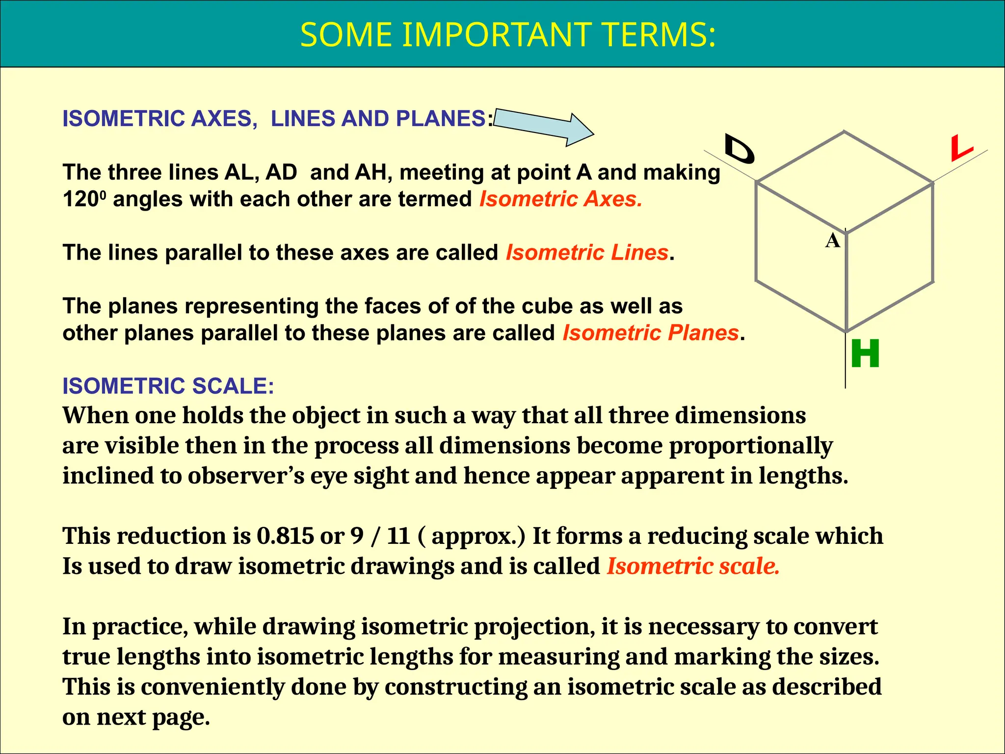 8
ISOMETRIC AXES, LINES AND PLANES:
The three lines AL, AD and AH, meeting at point A and making
1200
angles with each other are termed Isometric Axes.
The lines parallel to these axes are called Isometric Lines.
The planes representing the faces of of the cube as well as
other planes parallel to these planes are called Isometric Planes.
ISOMETRIC SCALE:
When one holds the object in such a way that all three dimensions
are visible then in the process all dimensions become proportionally
inclined to observer’s eye sight and hence appear apparent in lengths.
This reduction is 0.815 or 9 / 11 ( approx.) It forms a reducing scale which
Is used to draw isometric drawings and is called Isometric scale.
In practice, while drawing isometric projection, it is necessary to convert
true lengths into isometric lengths for measuring and marking the sizes.
This is conveniently done by constructing an isometric scale as described
on next page.
H
A
SOME IMPORTANT TERMS:
 