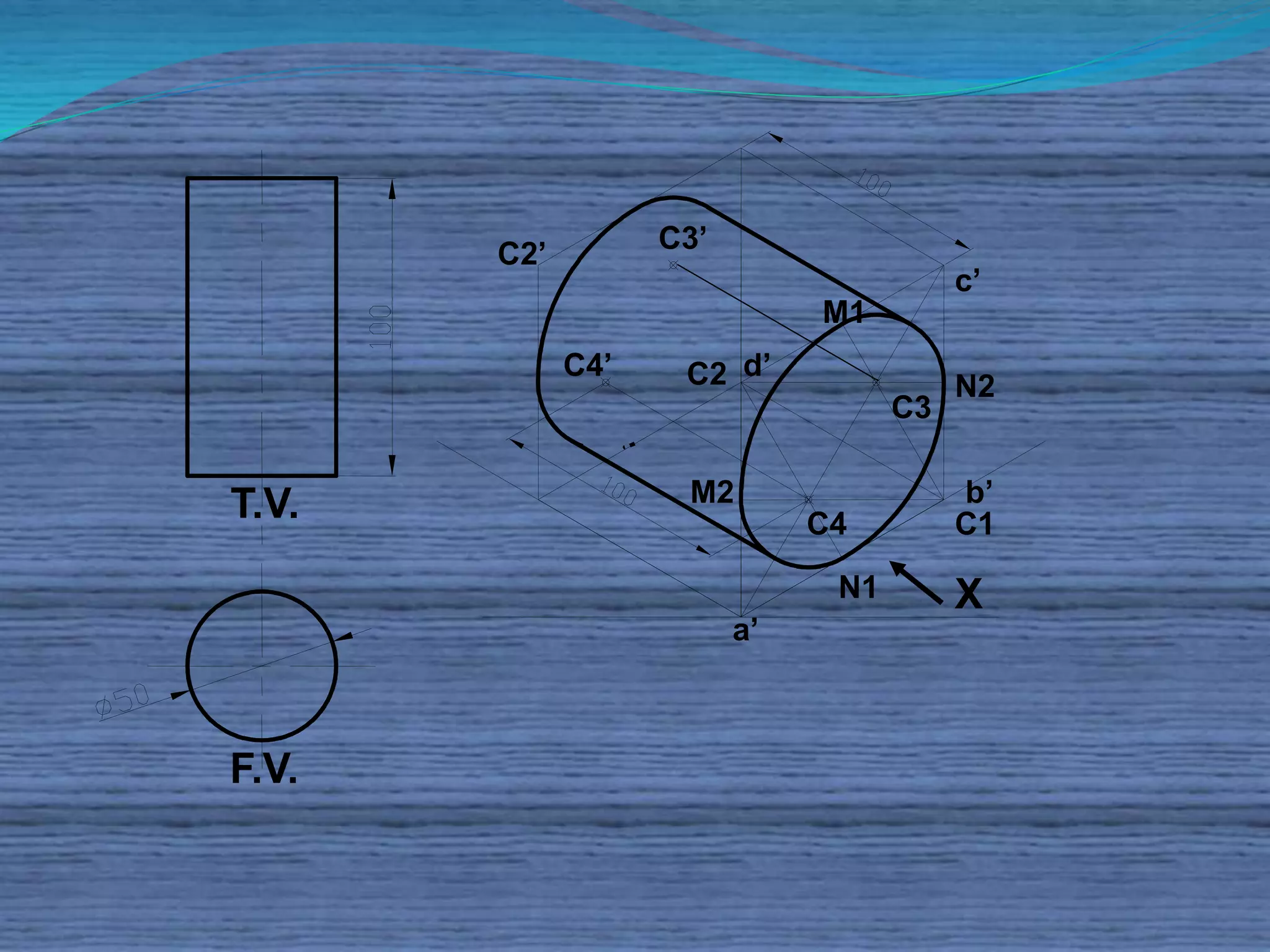 T.V. 
F.V. 
X 
a’ 
c’ 
M1 
C3’ 
M2 
N1 
N2 
C3 
C4 C1 
C2 
b’ 
C4’ d’ 
C2’ 
 