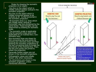 Rules for drawing the isometric
projection of an object:
 Any line on the object which is
initially vertical appear vertical in the
isometric projection.
 Any line on the object which is
initially horizontal appear to be
inclined at 30 to the horizontal in
the isometric projection.
 All isometric lines (i.e. lines which
are initially either vertical or
horizontal ) are fore shortened by the
same factor. These lengths can be
determined by drawing an isometric
scale.
 The isometric scale is applicable
only for isometric lines and is not
applicable for an inclined line ( non-
isometric line).
 Non-isometric lines are drawn by
first connecting the end points by
drawing two isometric lines and then
drawing the isometric projections of
the two connecting lines to locate the
end points of the inclined line. Then,
the two end points are joined to
obtain the projection.
 Generally hidden edges are not
shown in the isometric projections.
 Orthographic views are initially
drawn, only when necessary.
 No dimensions are shown in the
isometric projection, unless
mentioned otherwise.
 