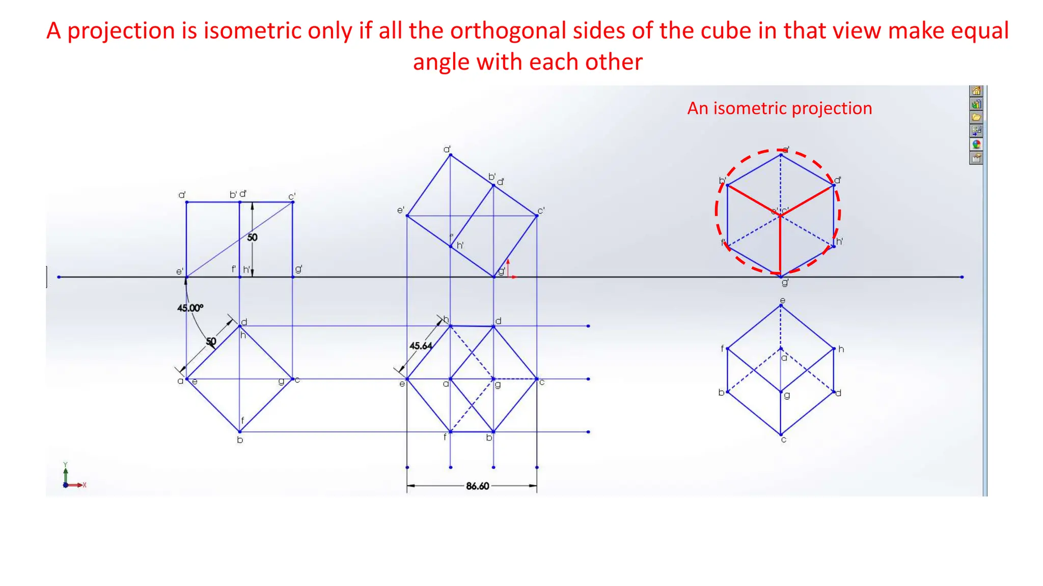 A projection is isometric only if all the orthogonal sides of the cube in that view make equal
angle with each other
An isometric projection
 