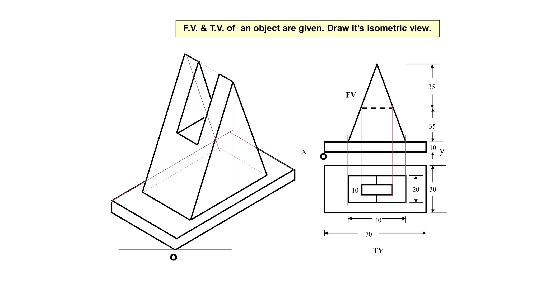x y
FV
TV
35
35
10
30
20
10
40
70
O
O
F.V. & T.V. of an object are given. Draw it’s isometric view.
 