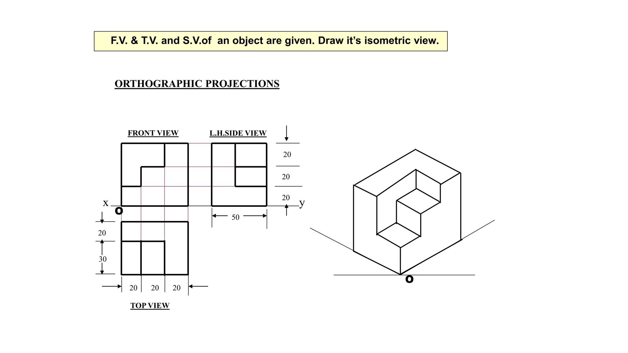 ORTHOGRAPHIC PROJECTIONS
FRONT VIEW
TOP VIEW
L.H.SIDE VIEW
x y
20
20
20
50
20 20 20
20
30
O
O
F.V. & T.V. and S.V.of an object are given. Draw it’s isometric view.
 