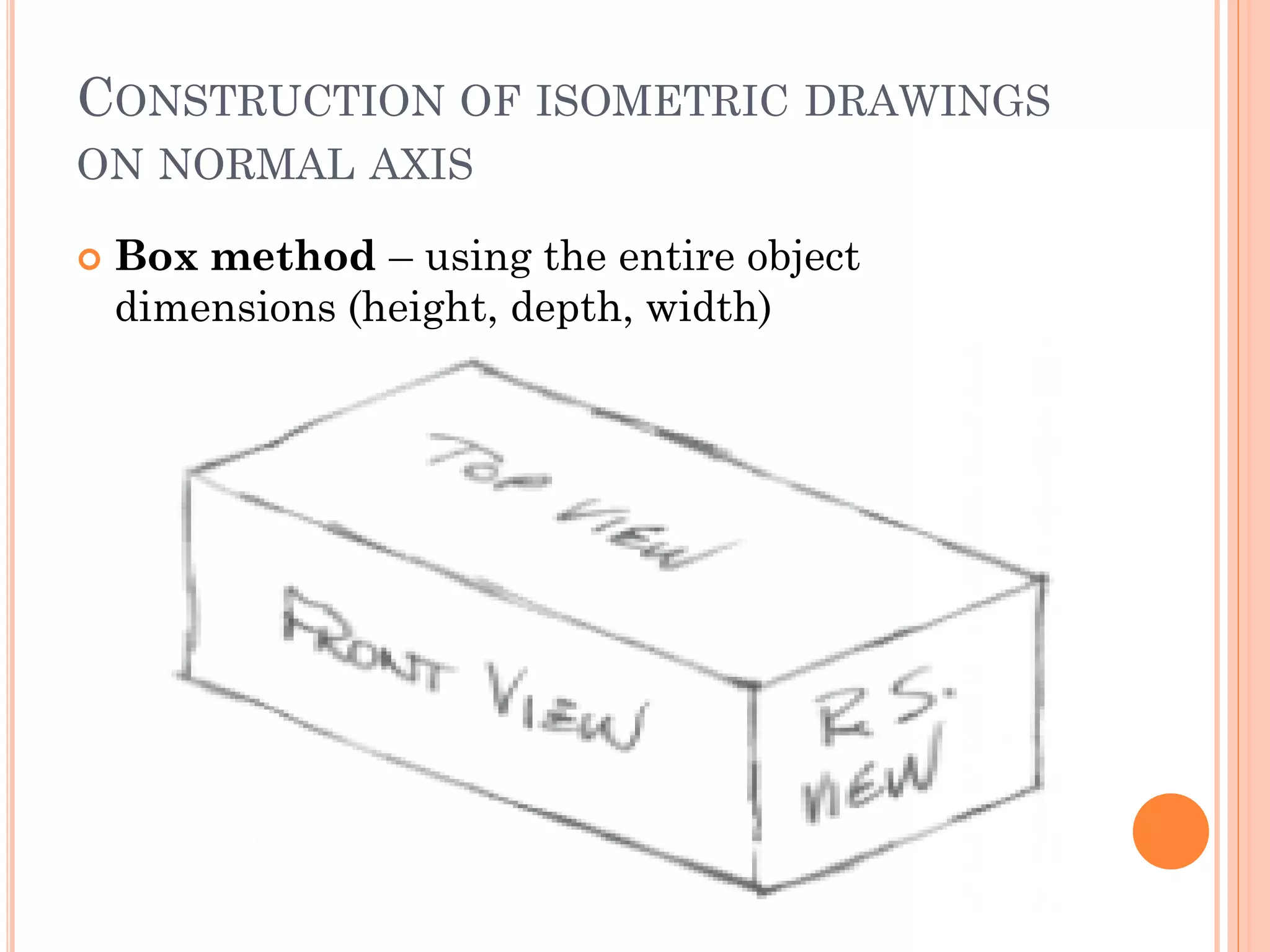 CONSTRUCTION OF ISOMETRIC DRAWINGS
ON NORMAL AXIS
 Box method – using the entire object
dimensions (height, depth, width)
 