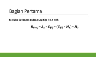 Bagian Pertama
Melukis Bayangan Bidang Segitiga 𝑿𝒀𝒁 oleh
𝑹 𝑩,𝝋 𝟏
∘ 𝑺 𝑨 ∘ 𝑮 𝑷𝑸 ∘ (𝑮 𝑲𝑳 ∘ 𝑴 𝒕) ∘ 𝑴 𝒔
 